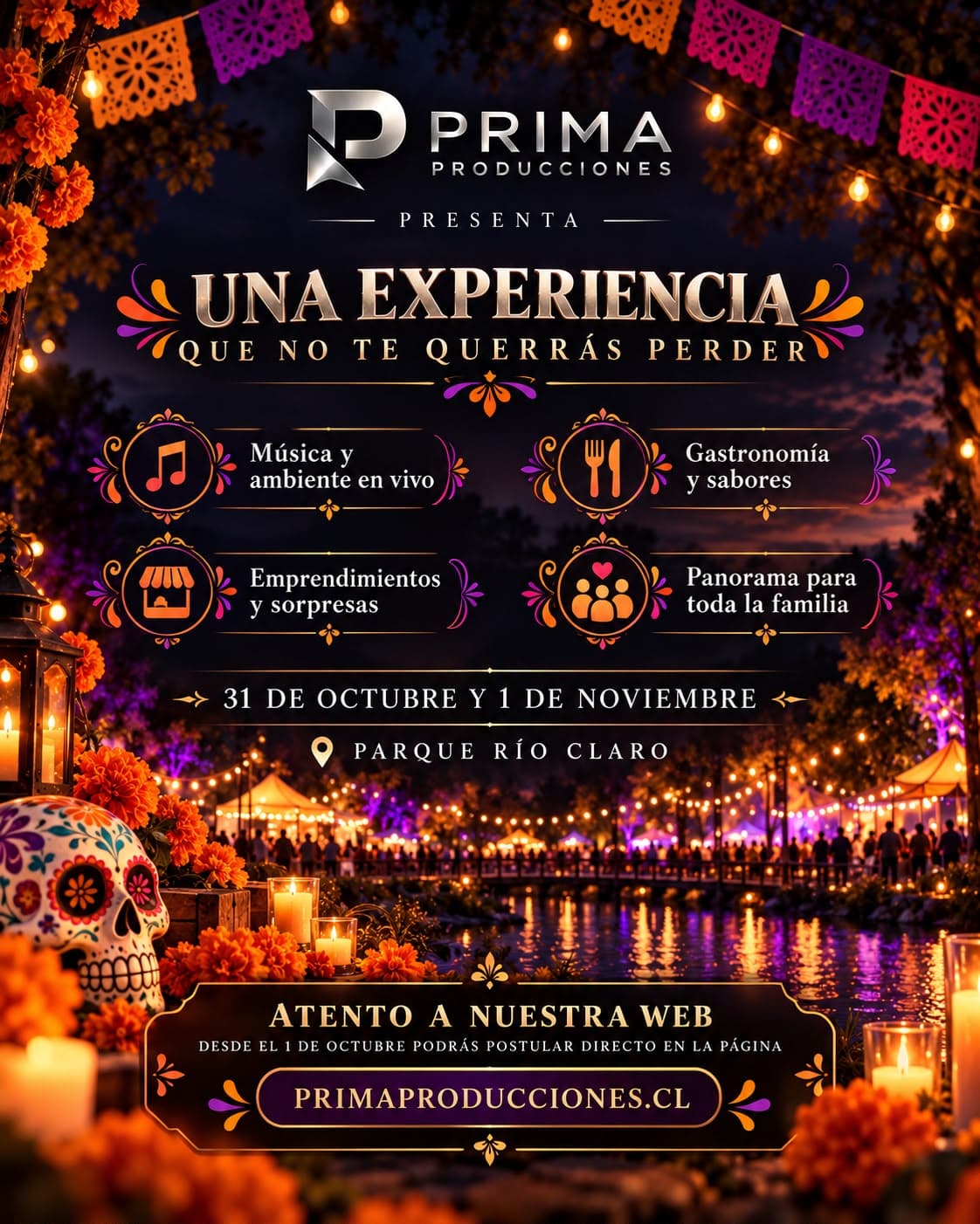 Una experiencia que no te querrás perder: música y ambiente en vivo, gastronomía y sabores, emprendimientos y sorpresas, panorama para toda la familia. Desde el 1 de octubre puedes postular en primaproducciones.cl.